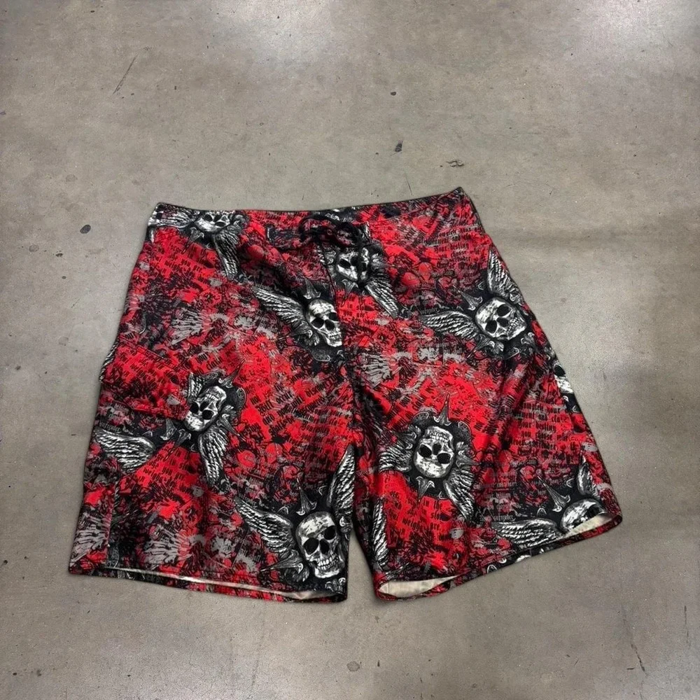 Joe Boxer Mens 36 Swim Shorts Red Black Skull Wing Y2K Gothic Board Shorts